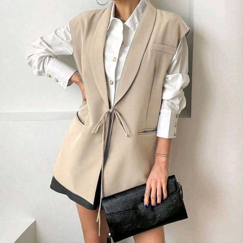 Ladies' Solid Color Casual Blazer With Barleycorn Collar And Tie Belt - Picture 4 of 4